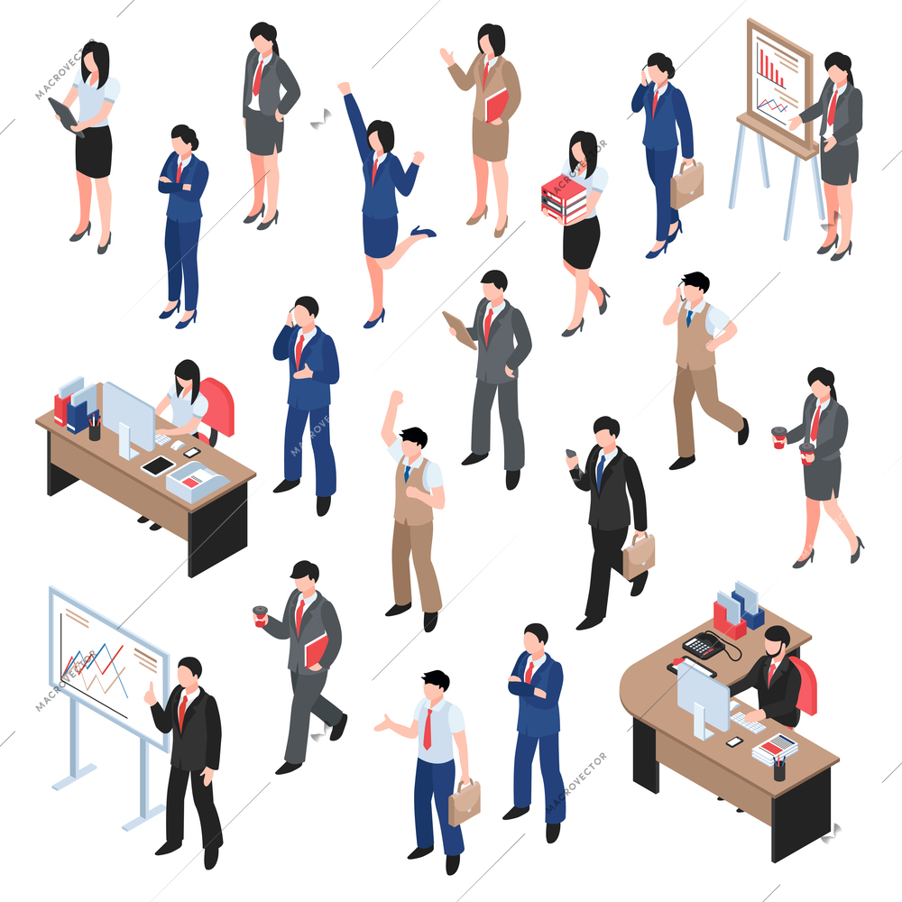 Men and women characters involved in business isometric set of people  figurines outdoor and in office isolated vector illustration