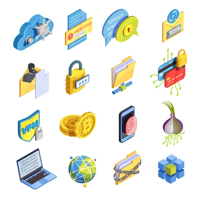 Data encryption cyber security isometric icons collection of isolated symbols bitcoin fingerprint and proxy avoidance pictograms vector illustration