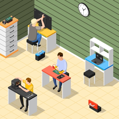 Service centre isometric composition with technical staff in office room repairing electronic devices of high complexity isometric vector illustration