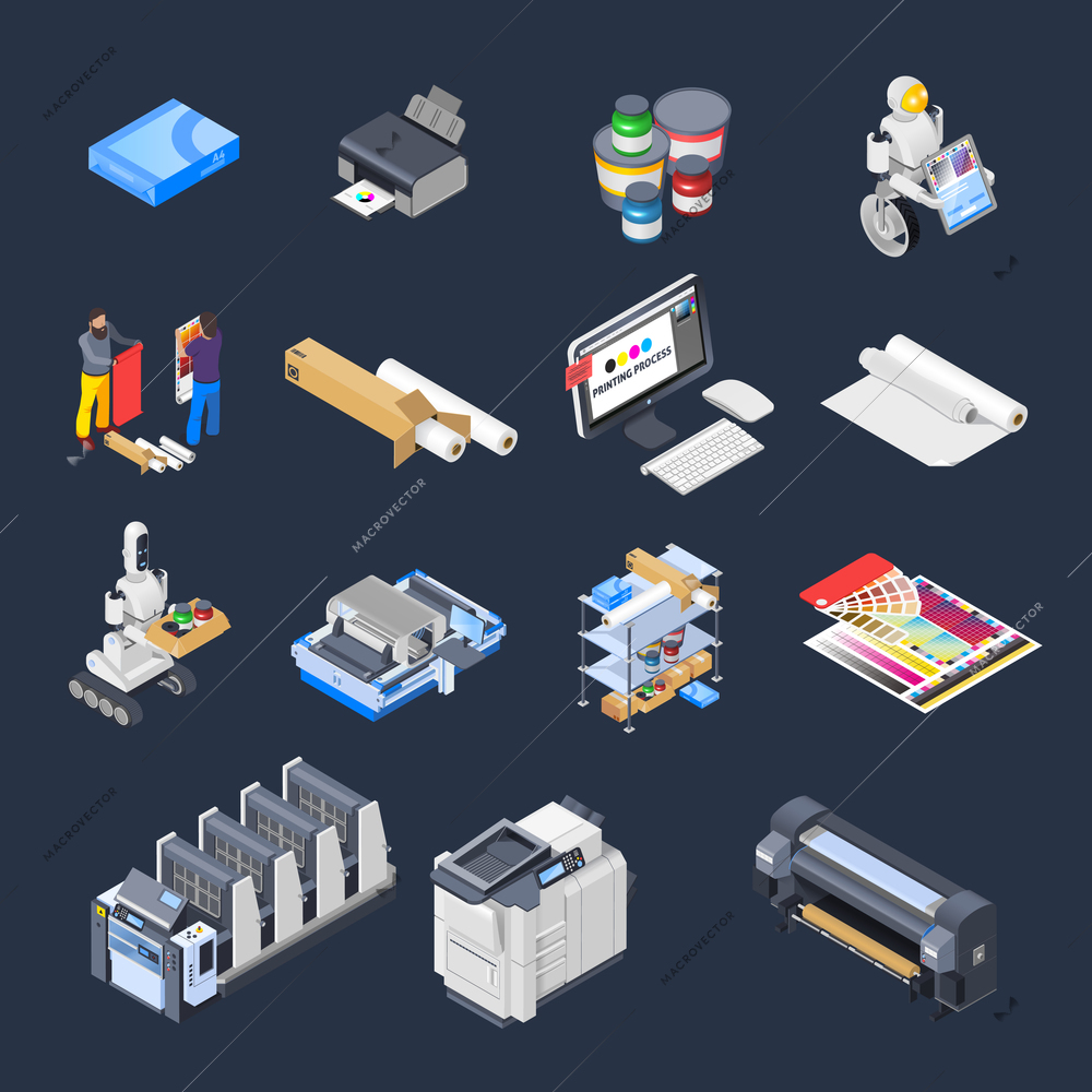 Printing house polygraphy industry isometric icons set of isolated computer peripherals printer consumables paper and furniture vector illustration