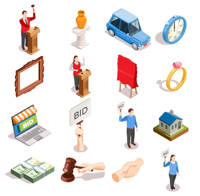 Auction isometric icons set of isolated goods human characters hammer handshake and money images with shadows vector illustration