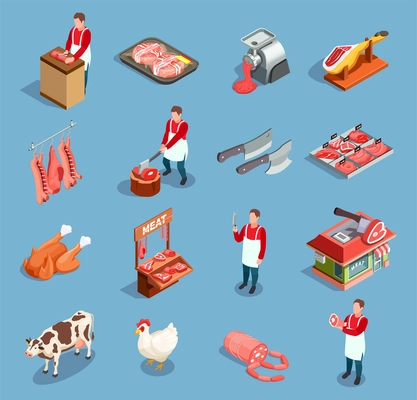 Butcher shop butchery isometric set of isolated icons with farm animals human characters and semifinished meat vector illustration