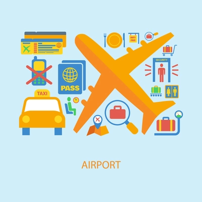 Airport flat concept set of airplane taxi passport ticket icons vector illustration