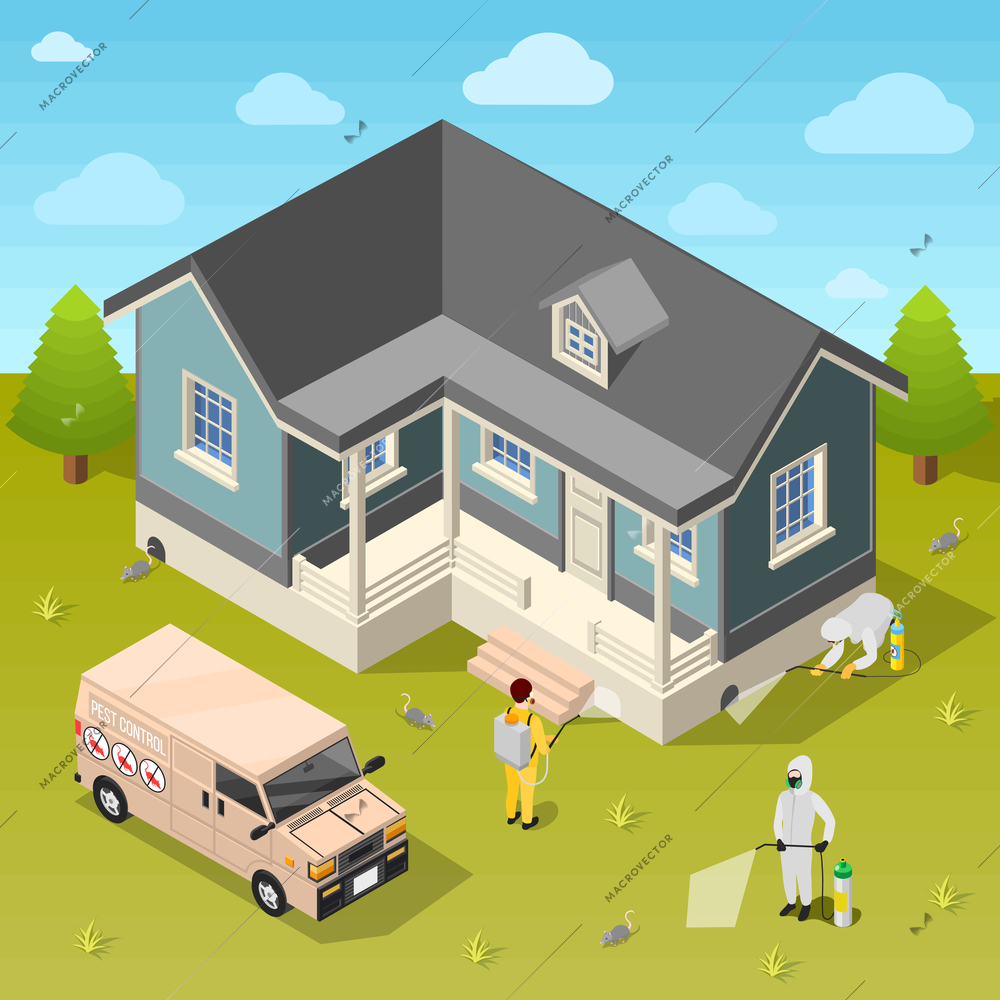 House disinfection isometric background with exterminators in protective suits using repellent for cleaning of rural cottage vector illustration