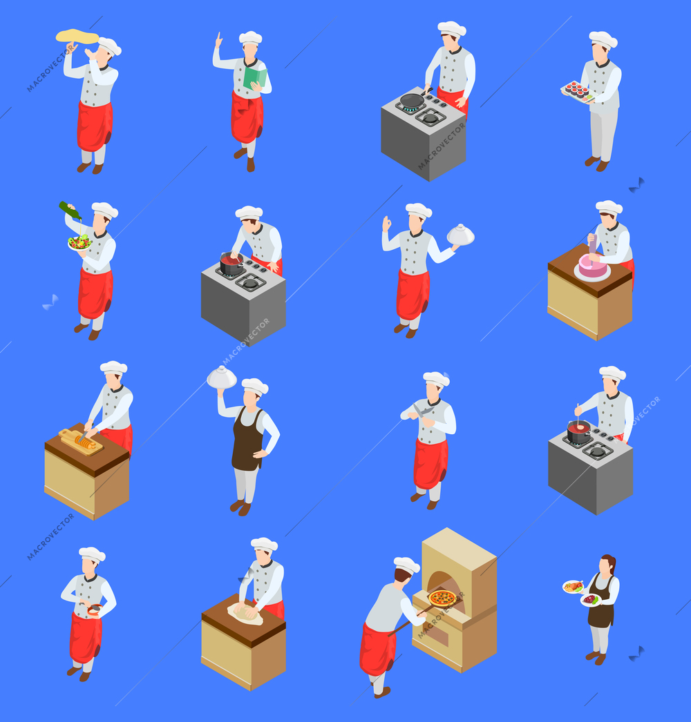 Professional cooking people chef pizzaiolo isometric people icons collection of isolated human characters with kitchen appliances vector illustration