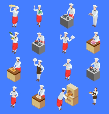 Professional cooking people chef pizzaiolo isometric people icons collection of isolated human characters with kitchen appliances vector illustration