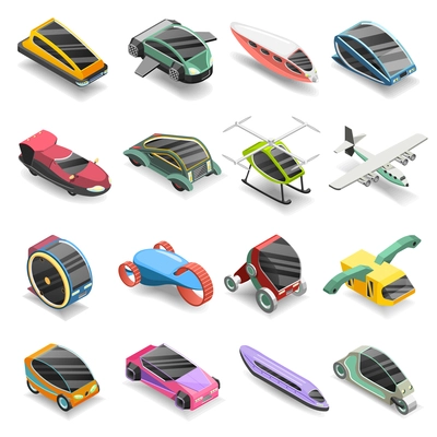 Future transport isometric icons set of conceptual vehicles of new generation isolated vector illustration