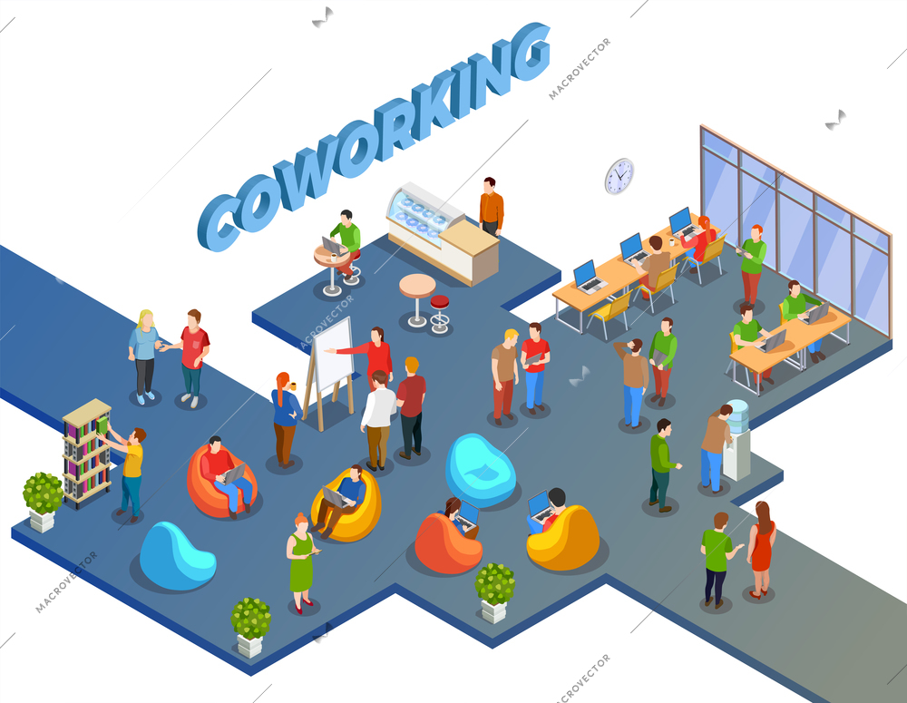 Coworking people isometric composition with open space human figures beanbag chairs and office furniture with text vector illustration