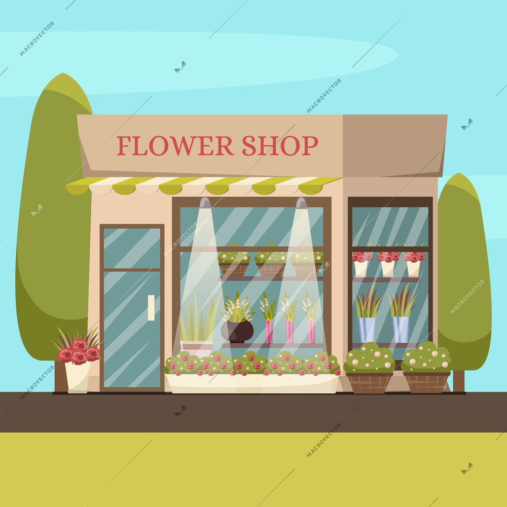 Flower shop background with flowers trees and plants orthogonal vector illustration