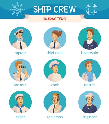 Yacht ship crew characters cartoon round icons set with captain sailor cook engineer boatswain isolated vector illustrations