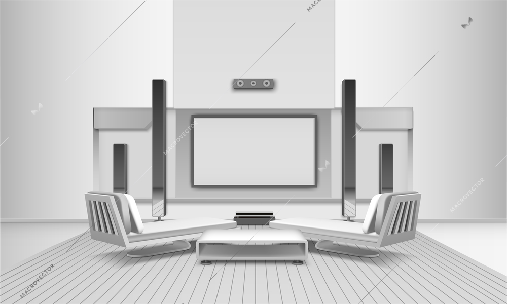 Modern home cinema interior in white tones with display and loudspeakers, couches and journal table vector illustration