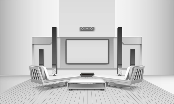 Modern home cinema interior in white tones with display and loudspeakers, couches and journal table vector illustration