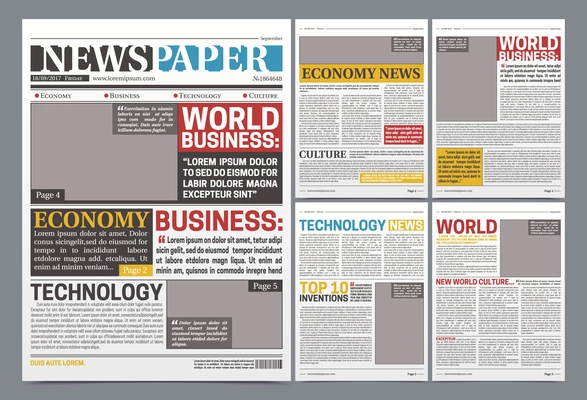 Newspaper online template design poster with world top business news economy and technology headlines realistic vector illustration