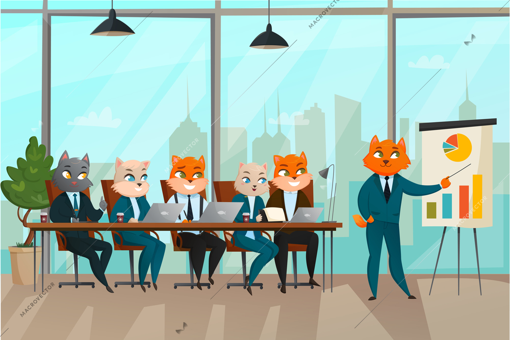 Business cat presentation composition with hold a meeting in the conference room vector illustration