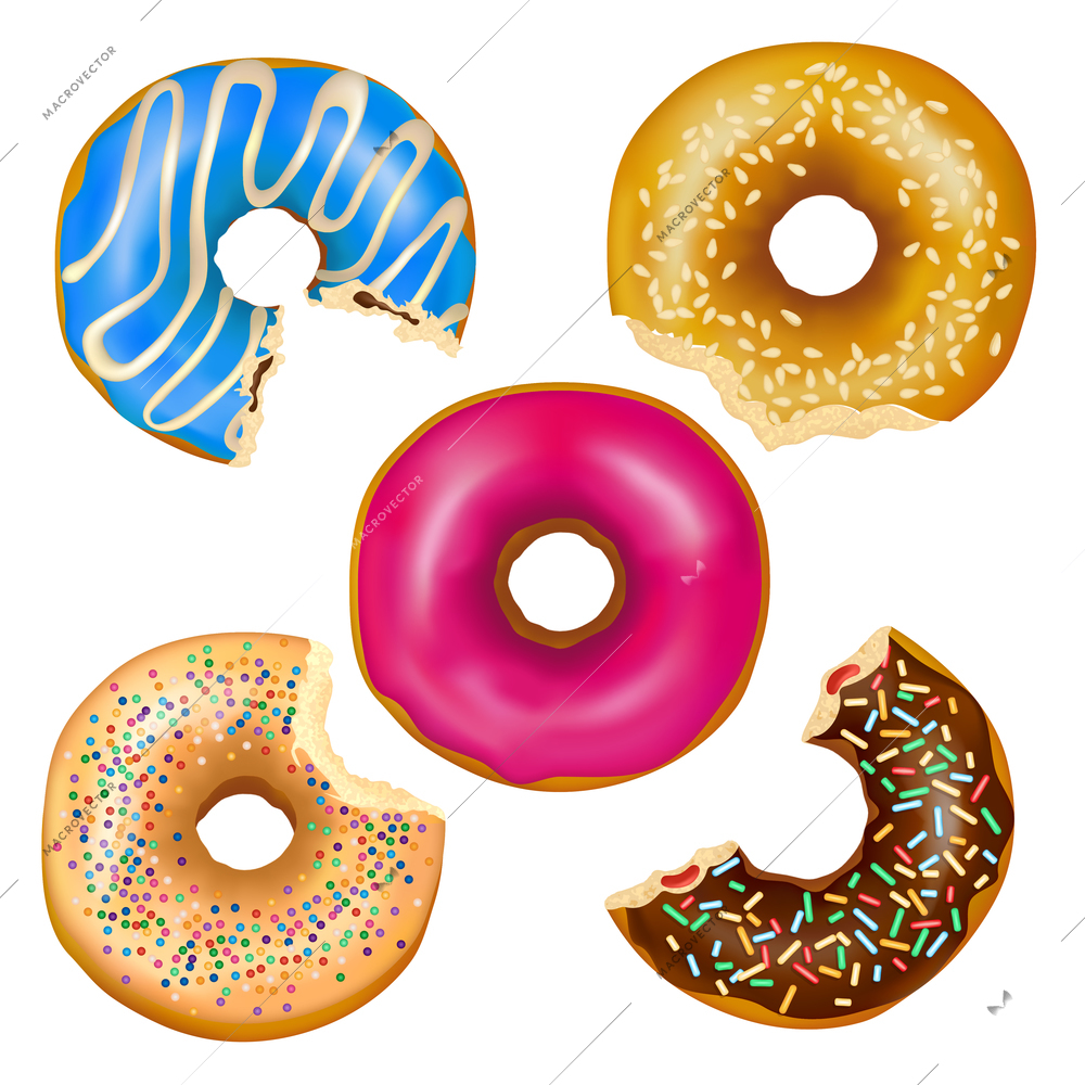 Set of realistic eaten donuts with filling, various decoration including colorful glaze, sesame seeds isolated vector illustration