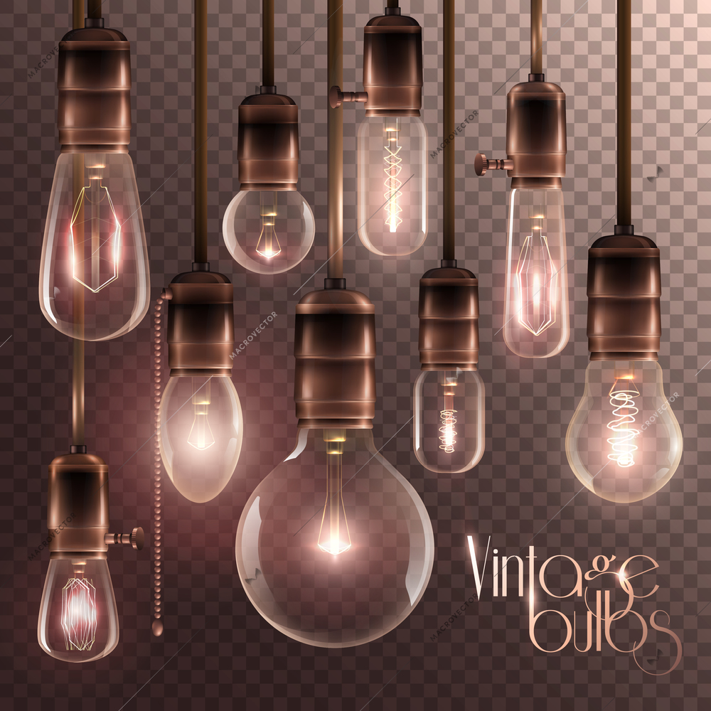 Realistic and colored vintage glowing light bulbs transparent set with included lamps in loft style vector illustration