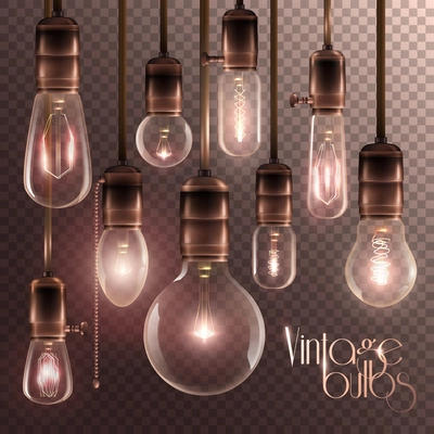 Realistic and colored vintage glowing light bulbs transparent set with included lamps in loft style vector illustration