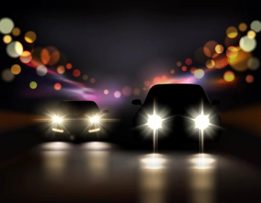 Car lights realistic background with night road and two car front-side silhouettes with headlight and shadows vector illustration