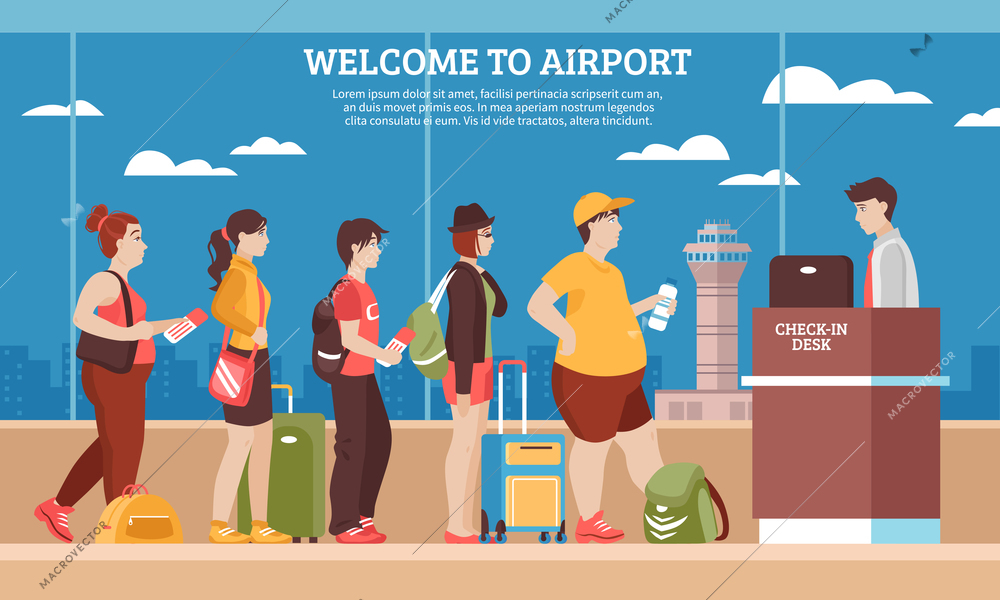 Airport queue with people room and registry service flat vector illustration