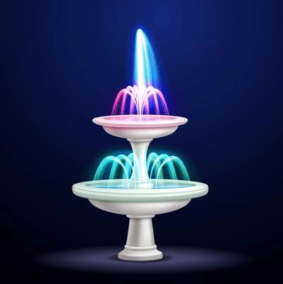 Outdoor water cascade fountain with neon lighting at night realistic closeup image isolated object vector illustration