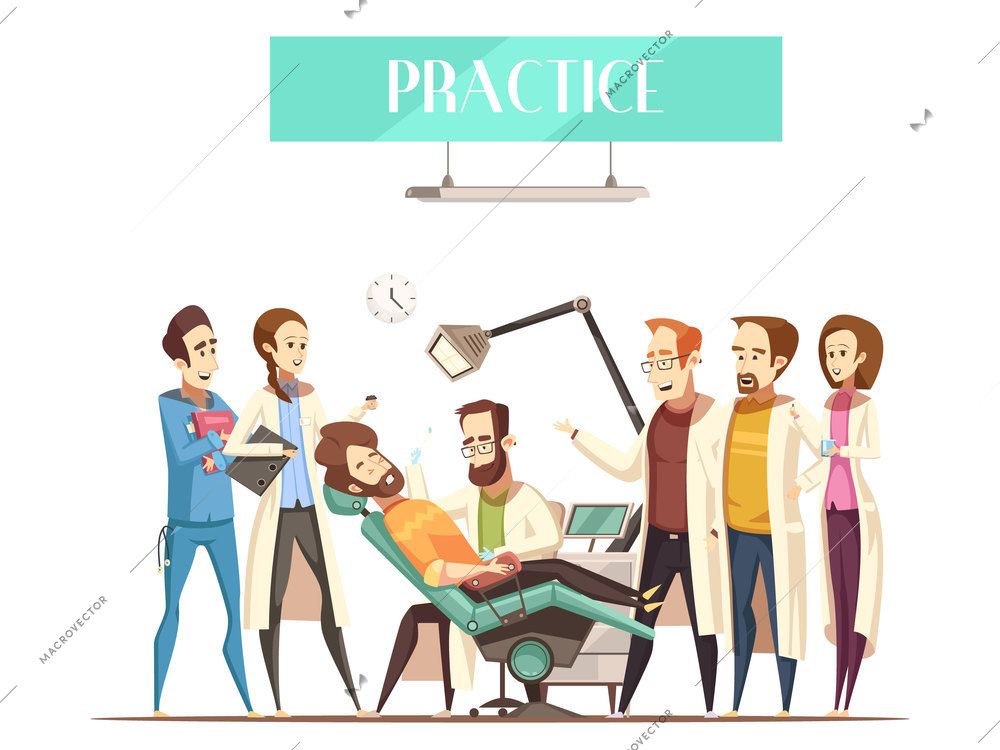 Dentist practice flat vector illustration in cartoon style with students watching as doctor treating patient