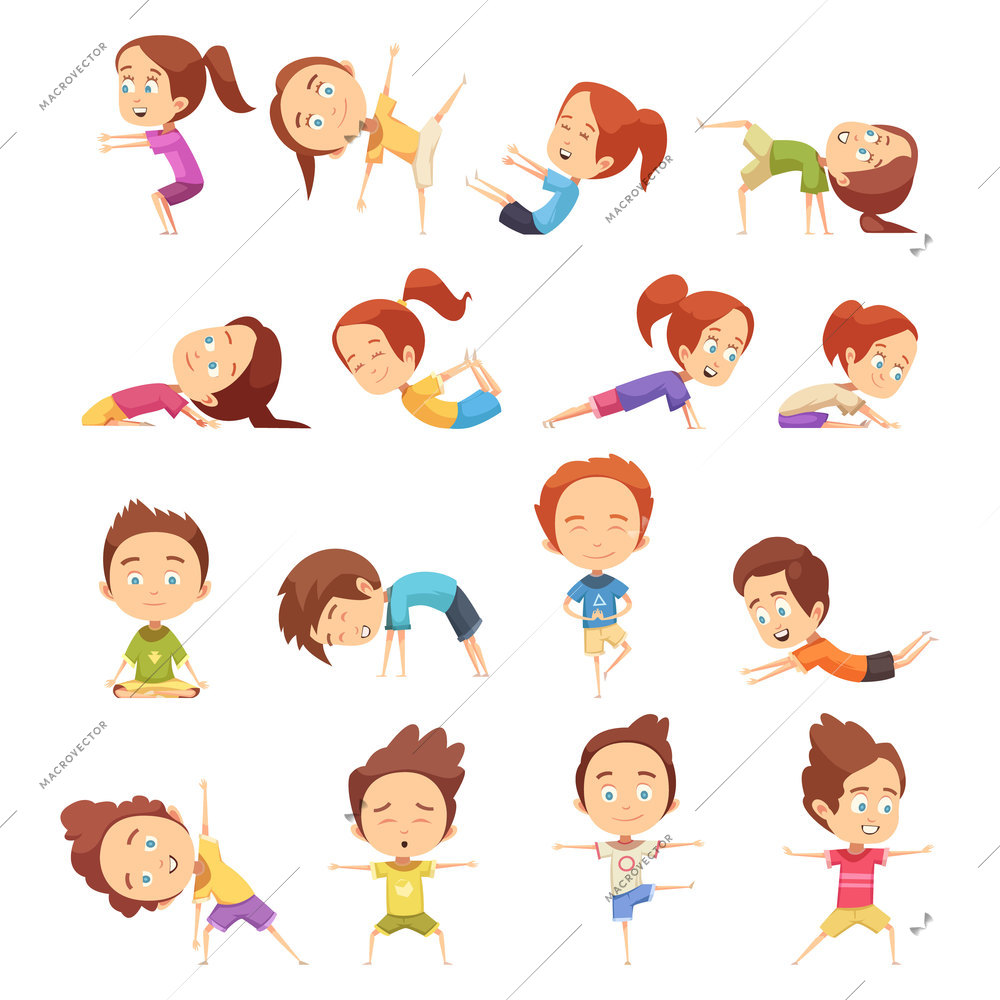 Kids yoga decorative icons set with cute cartoon children in different yoga poses flat vector illustration