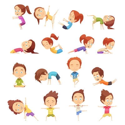 Kids yoga decorative icons set with cute cartoon children in different yoga poses flat vector illustration