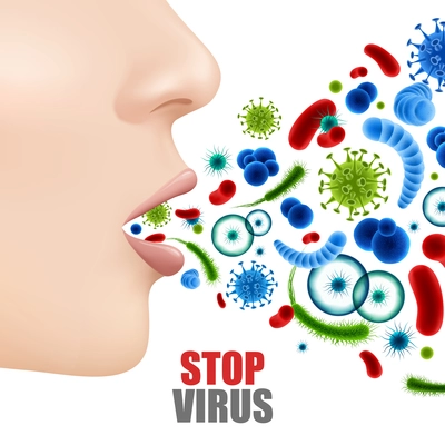 Stop virus poster with realistic colorful microbes and female face with open mouth 3d vector illustration