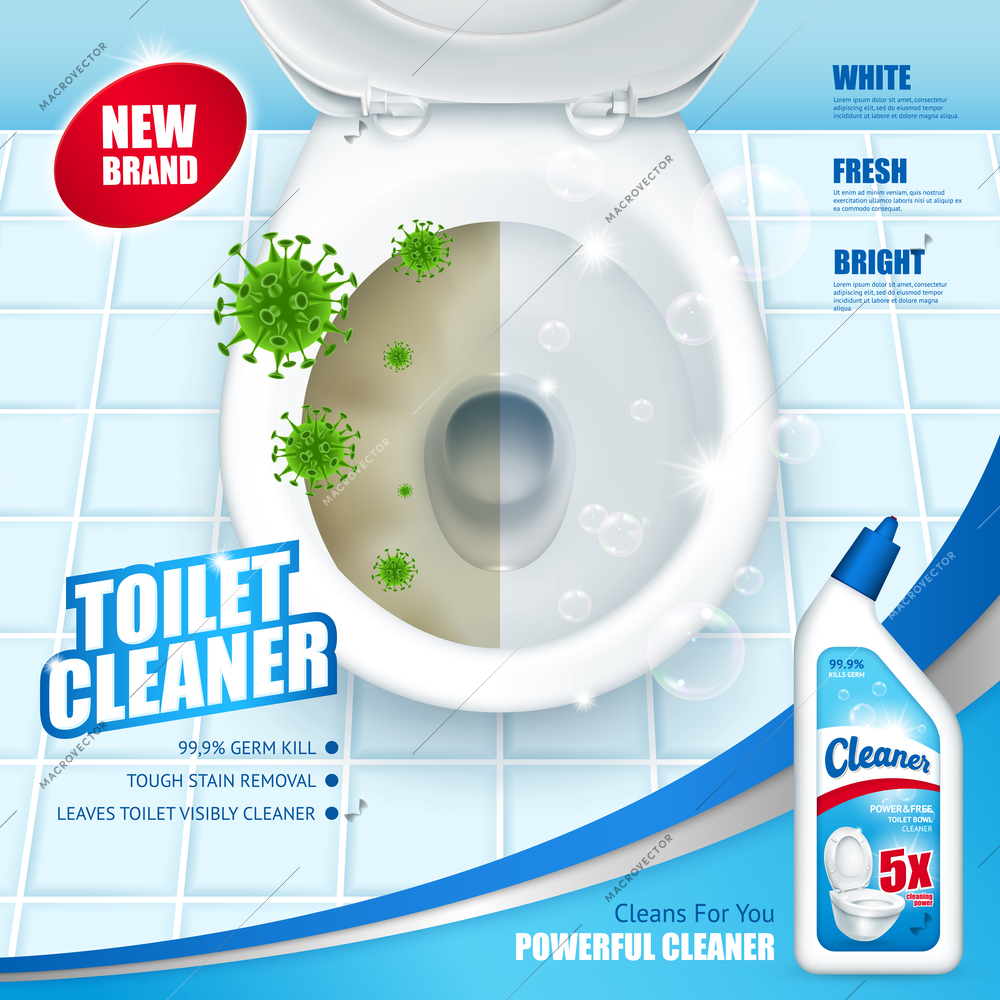 Antibacterial toilet cleaner ad poster including lavatory pan with green microbes and soap bubbles 3d vector illustration