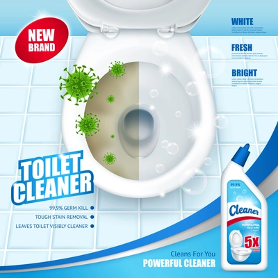 Antibacterial toilet cleaner ad poster including lavatory pan with green microbes and soap bubbles 3d vector illustration