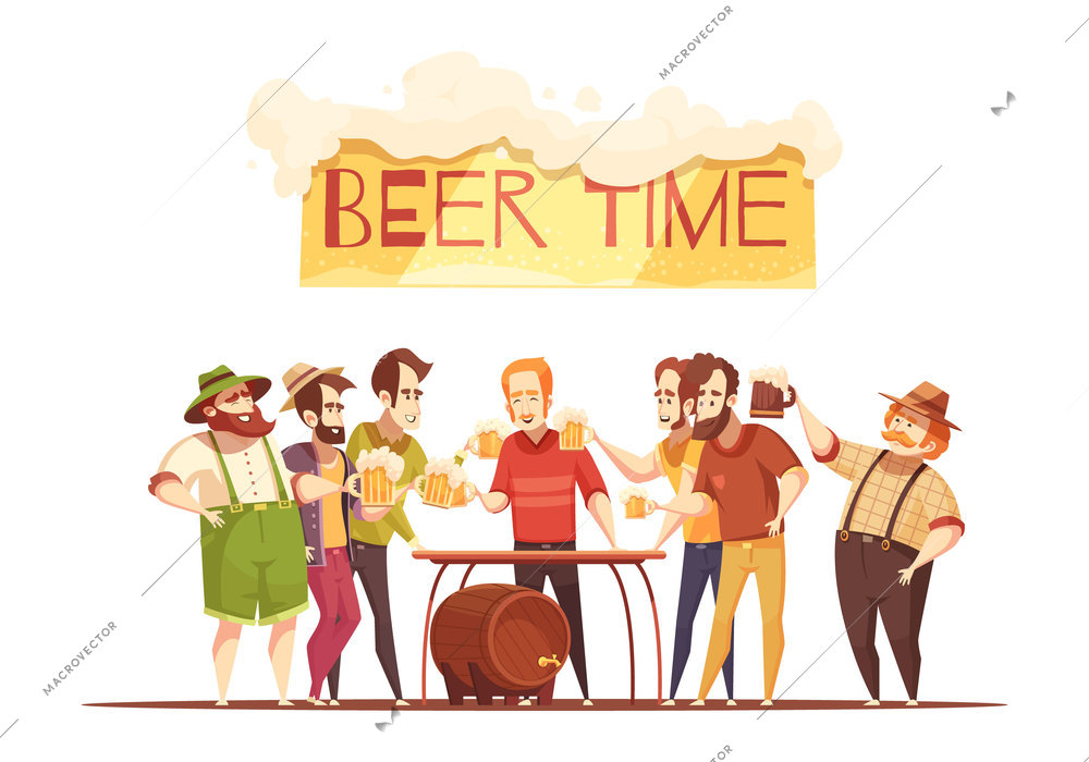 Beer time design concept with happy male company holding in hands mugs full of beer flat vector illustration