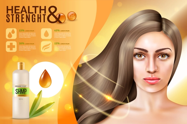 Realistic commercial background with oil contained hair cosmetics and pretty model face of young woman vector illustration