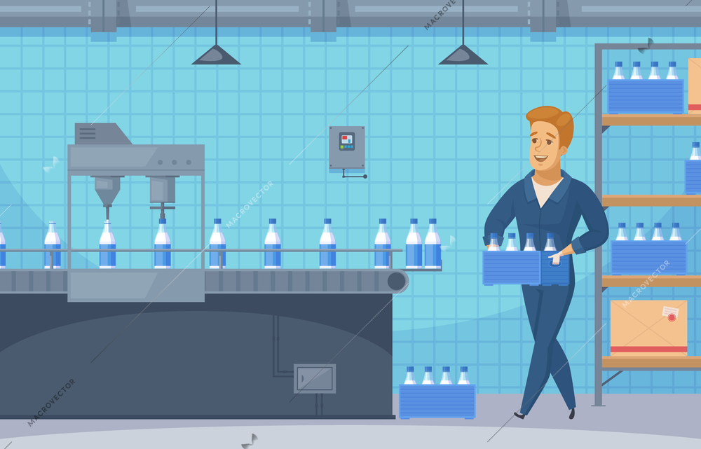 Milk conveyor line cartoon composition including factory worker with box near shelves with dairy bottles vector illustration