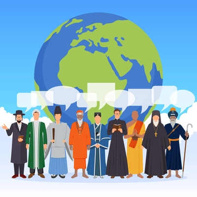 People from world religions with transparent speech bubbles flat composition with globe on blue background vector illustration