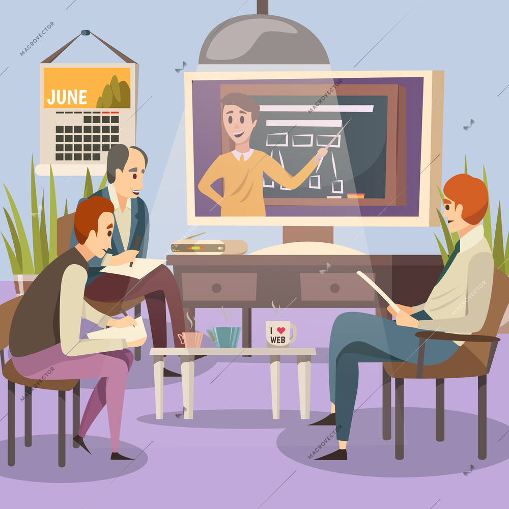 Students group in class listening to online lecture flat colored background vector illustration