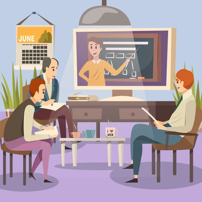 Students group in class listening to online lecture flat colored background vector illustration