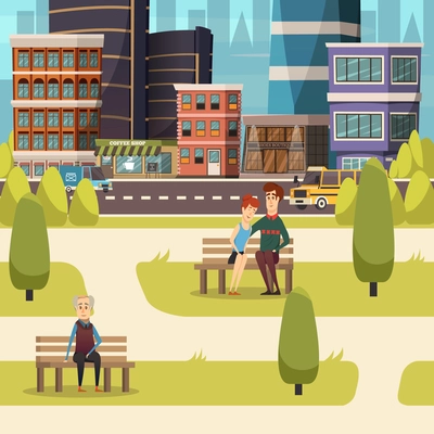 City landscape orthogonal background with  urban residents sitting on benches of town square flat vector illustration