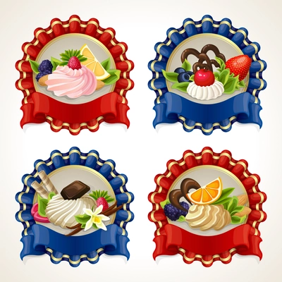 Decorative sweets food ribbon banners set with fruits nuts cream and syrup vector illustration