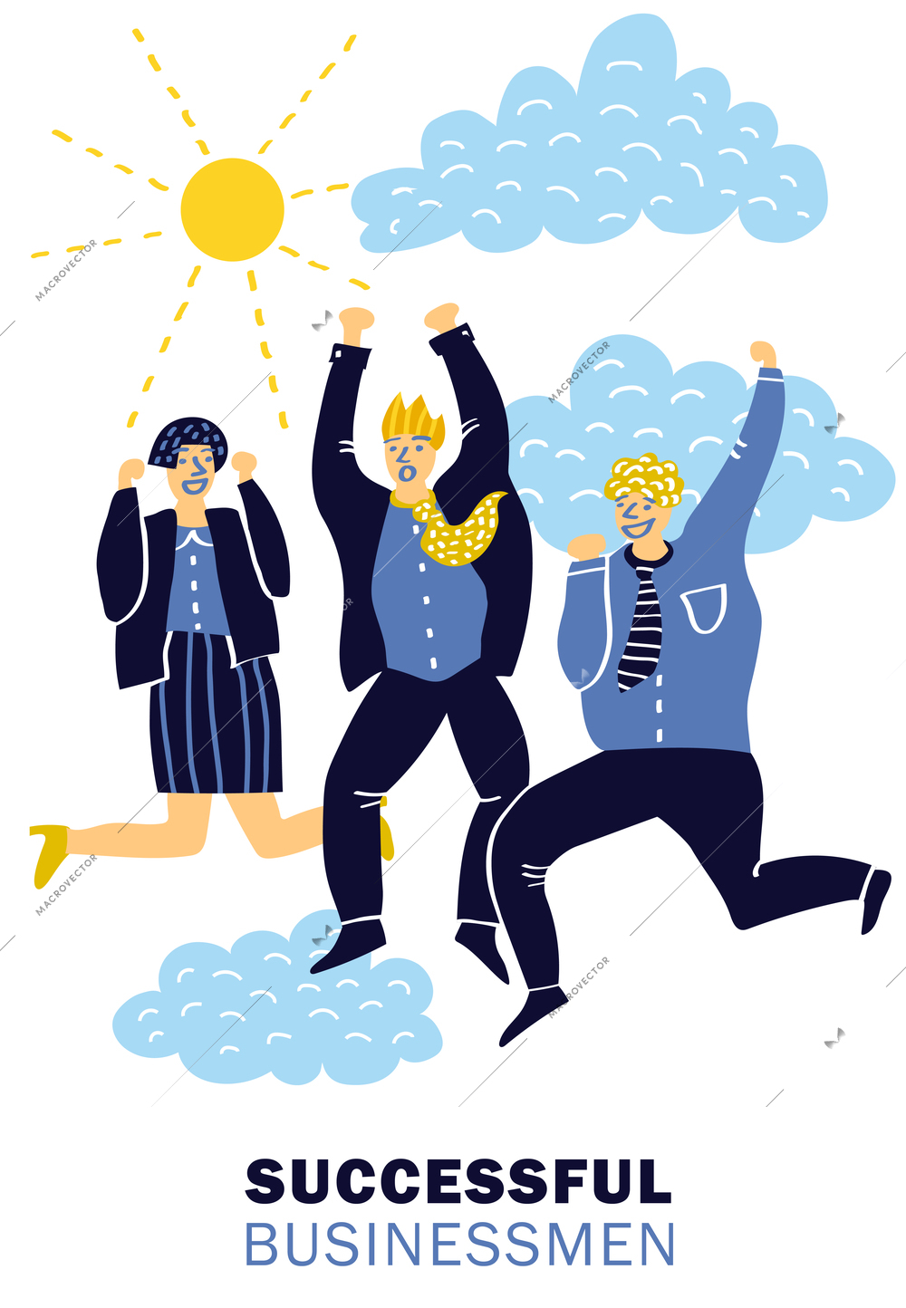 Colored flat success businessmen poster with three happy colleagues celebrate the victory vector illustration