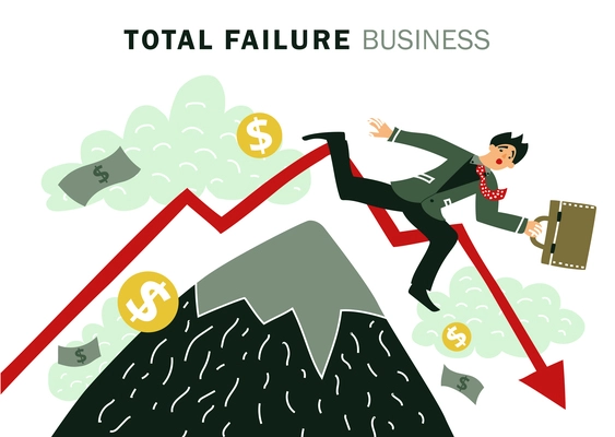 Colored flat failure business composition with total failure business description and businessman falls vector illustration