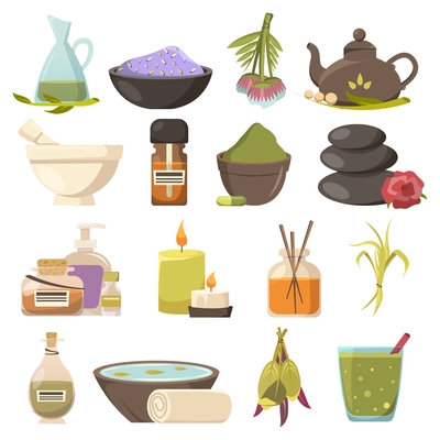 Natural cosmetology icons set related to beauty spa relaxation aroma therapy and thalassotherapy flat isolated vector illustration