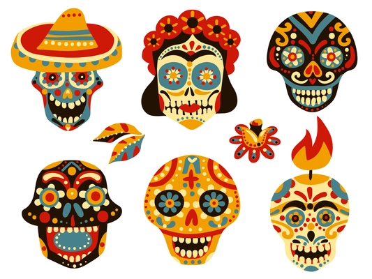 Mexican day of dead traditional colorful ornamental skull symbols icons collection with mask in sombrero isolated vector illustration