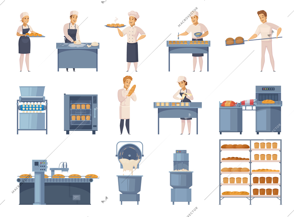 Bakery set of cartoon icons with factory workers, industrial equipment, flour products on shelves isolated vector illustration