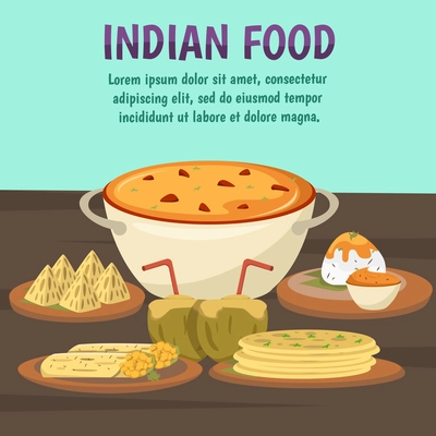 Exotic asian food background with popular dishes of Indian cuisine khichdi chapatis gulab jamun flat vector illustration