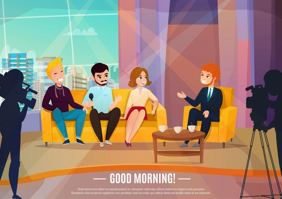 Talk show flat poster with three participants sitting on a couch and male reporter vector illustration