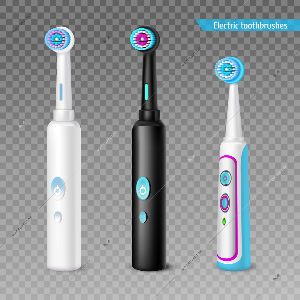 Colorful modern electric toothbrushes of different size set isolated on transparent background realistic vector illustration