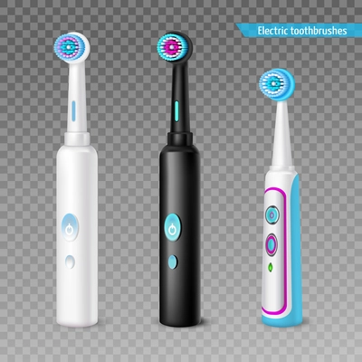 Colorful modern electric toothbrushes of different size set isolated on transparent background realistic vector illustration