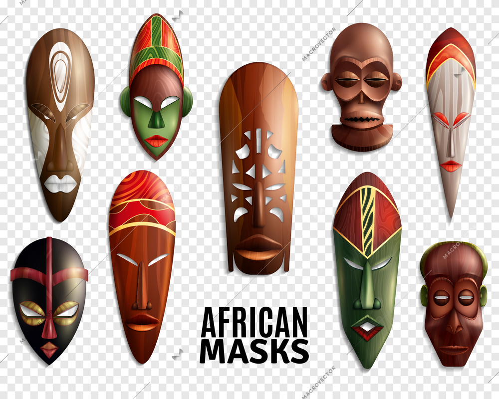 3d and realistic african masks transparent icon set for interior decoration vector illustration