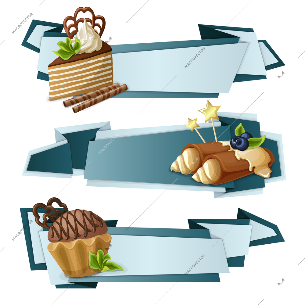 Decorative sweets food paper banners set with layered cake crepes chocolate  muffin dessert isolated vector illustration