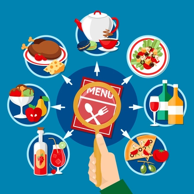 Restaurant menu concept with various dishes and beverages on blue background flat vector illustration